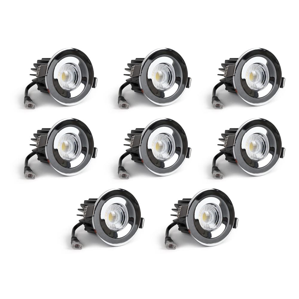 8 Pack - Soho Lighting Polished Chrome LED Downlights - Fire Rated - Fixed - IP65 - CCT Switch - High CRI - Dimmable