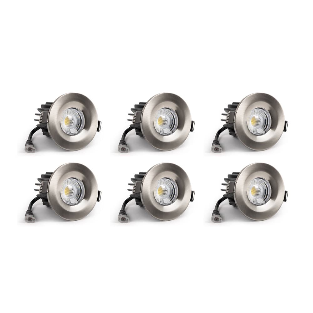 6 Pack - Soho Lighting Brushed Chrome LED Downlights - Fire Rated - Fixed - IP65 - CCT Switch - High CRI - Dimmable
