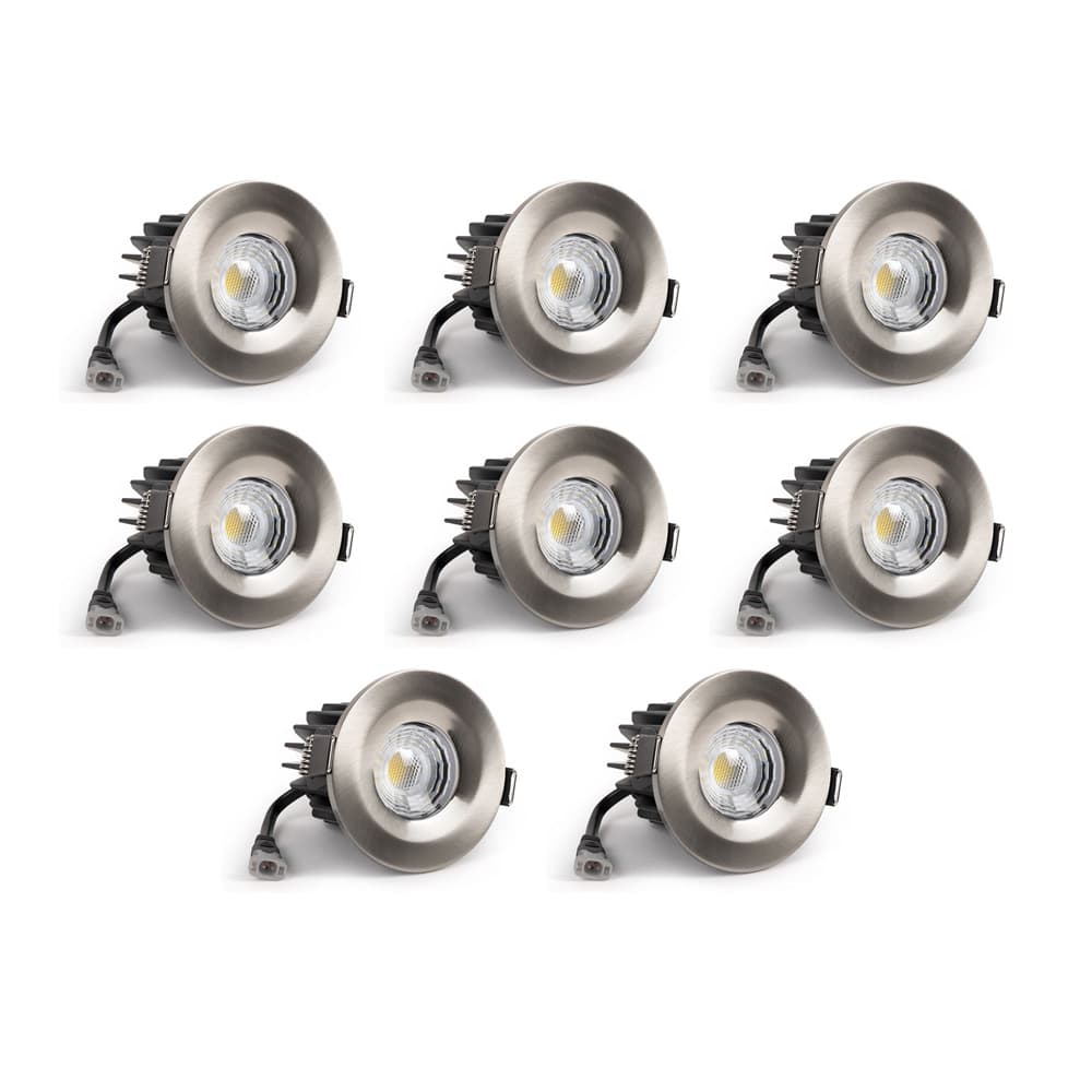 8 Pack - Soho Lighting Brushed Chrome LED Downlights - Fire Rated - Fixed - IP65 - CCT Switch - High CRI - Dimmable