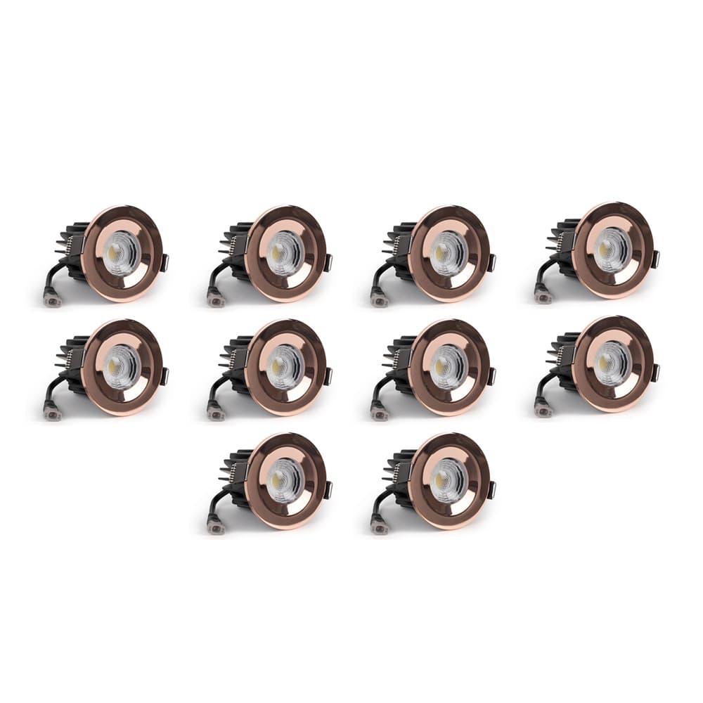10 Pack - Soho Lighting Polished Copper LED Downlights - Fire Rated - Fixed - IP65 - CCT Switch - High CRI - Dimmable