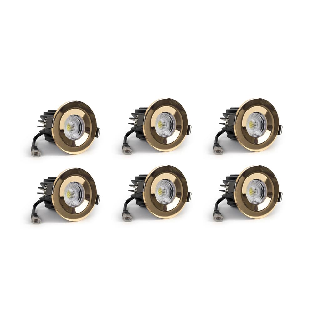 6 Pack - Soho Lighting Polished Brass LED Downlights - Fire Rated - Fixed - IP65 - CCT Switch - High CRI - Dimmable