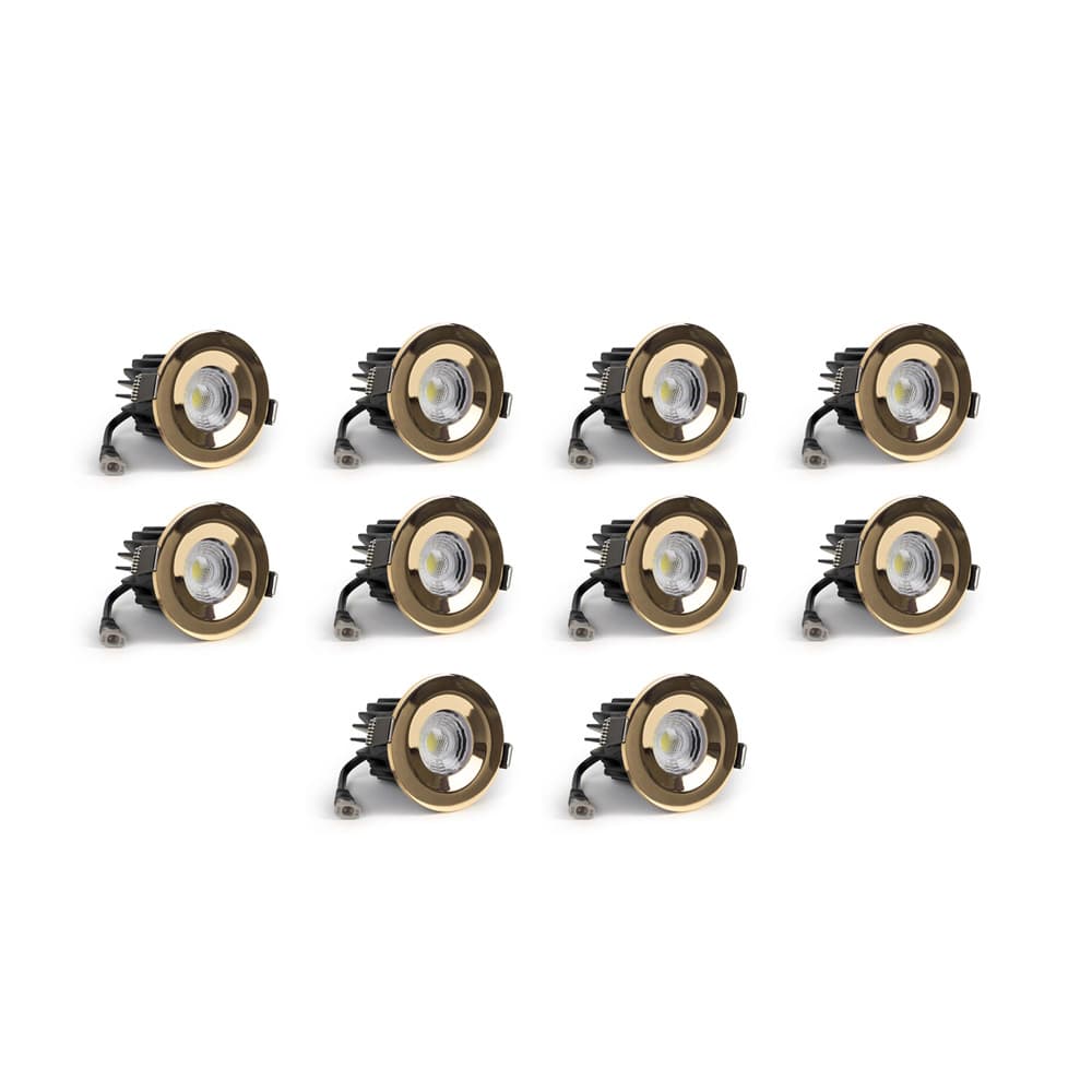 10 Pack - Soho Lighting Polished Brass LED Downlights - Fire Rated - Fixed - IP65 - CCT Switch - High CRI - Dimmable