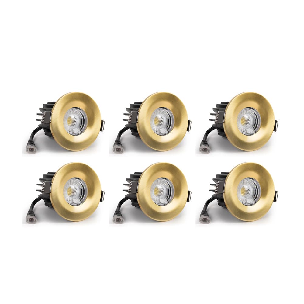 6 Pack - Soho Lighting Brushed Gold LED Downlights - Fire Rated - Fixed - IP65 - CCT Switch - High CRI - Dimmable