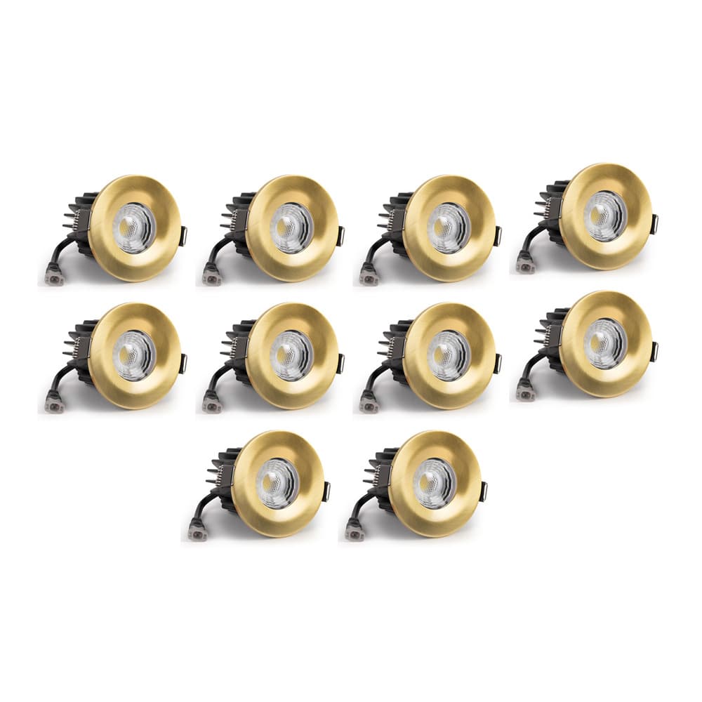 10 Pack - Soho Lighting Brushed Gold LED Downlights - Fire Rated - Fixed - IP65 - CCT Switch - High CRI - Dimmable