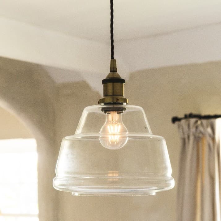 Stepped Clear Glass Pendant Light with Matt Antique Copper Lamp Holder and Black Twisted Cable - The Soho Lighting Company