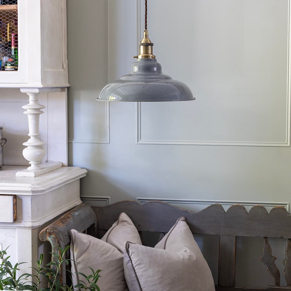 Soho Lighting French Grey St Edmund's Painted Pendant Light with Polished Brass Lamp Holder and Black Twisted Cable