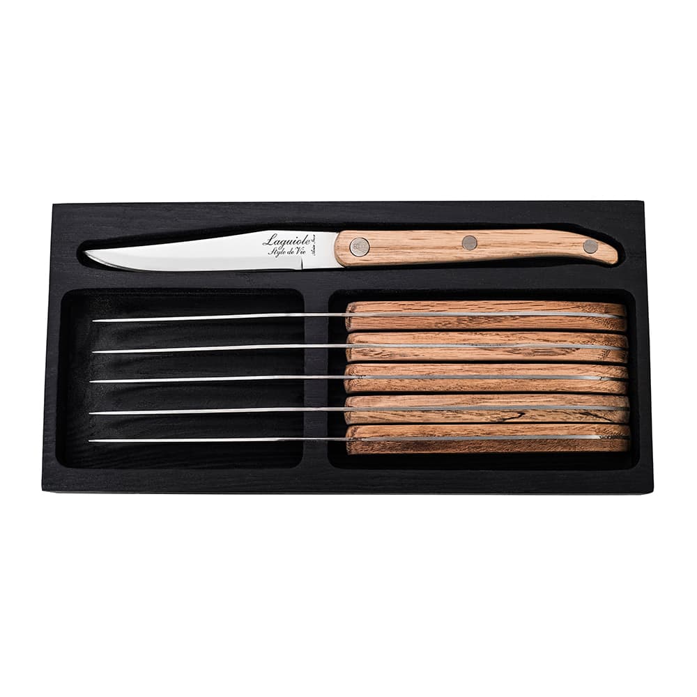 Laguiole Style De Vie Innovation Steak Knives 6 Piece Set Oak Wood with Smooth Blade