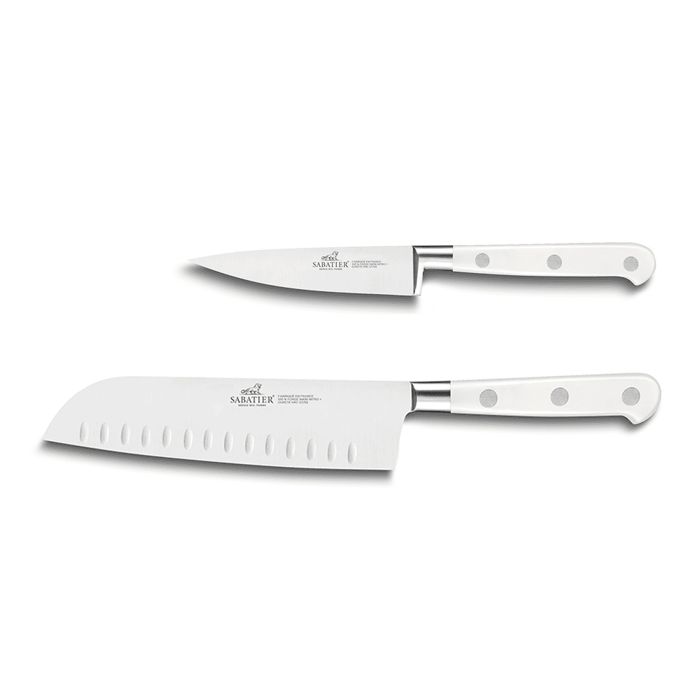 Lion Sabatier® Ideal Toque Blanche 2 Piece Knife Set - 10cm Paring & 18cm Santoku Knife (White Handle with Stainless Steel Rivets)