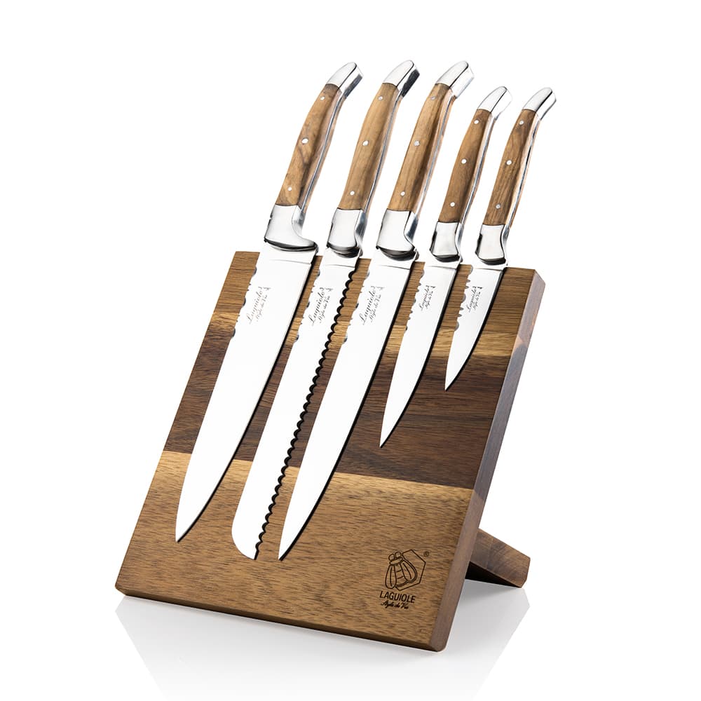 Laguiole Style De Vie Luxury Kitchen Knives Olive Wood with Magnetic Knife Block