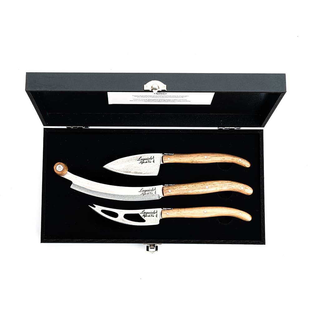 Laguiole Style De Vie Luxury Cheese Knives 3 Piece Set Oak Wood Stonewash V2