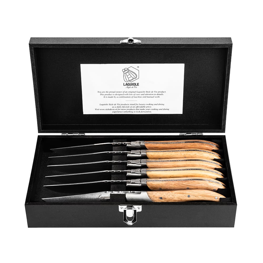 Laguiole Style De Vie Luxury Steak Knives 6 Piece Set Oak Wood Stonewash