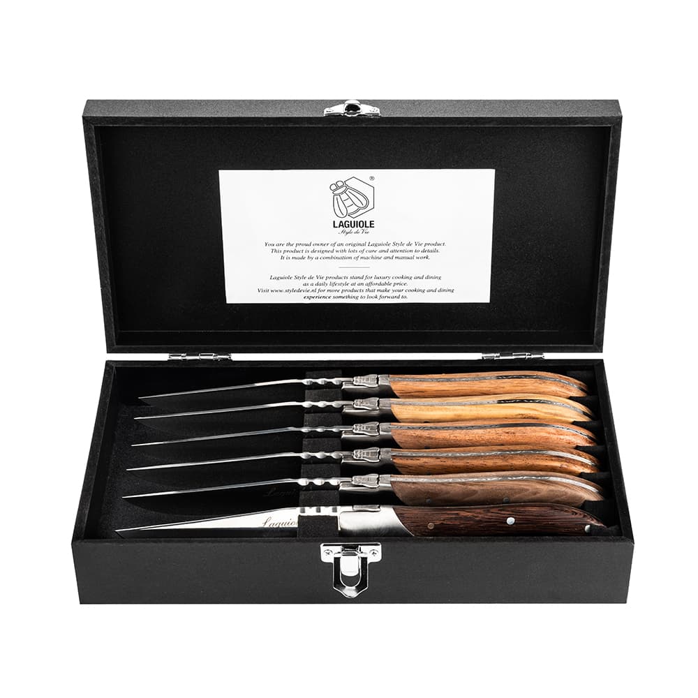 Laguiole Style De Vie Luxury Steak Knives 6 Piece Set Mixed Wood